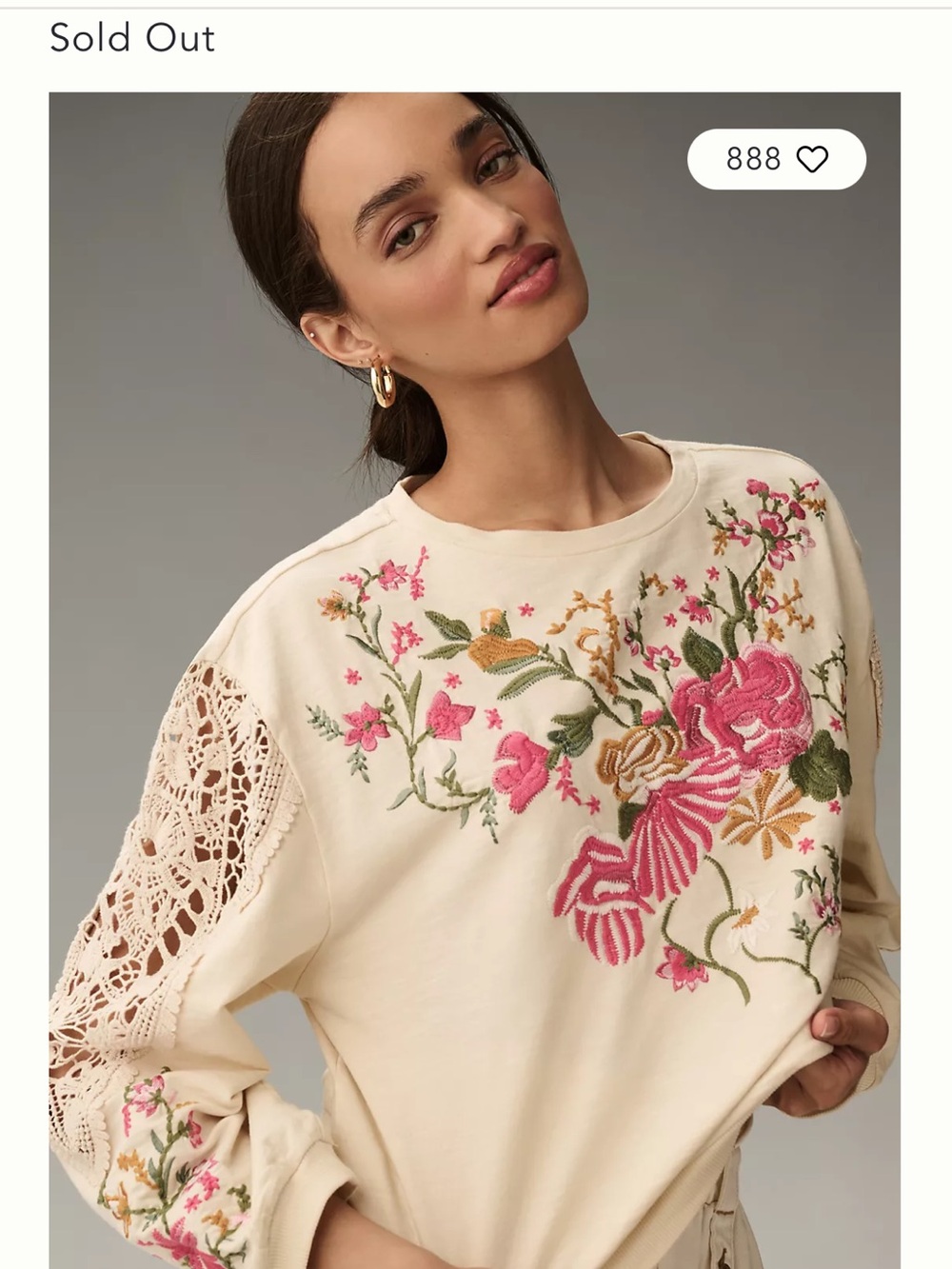 Anthropologie Cream Sweatshirt with Pink & Green Floral Embroidery - Picture 3 of 8